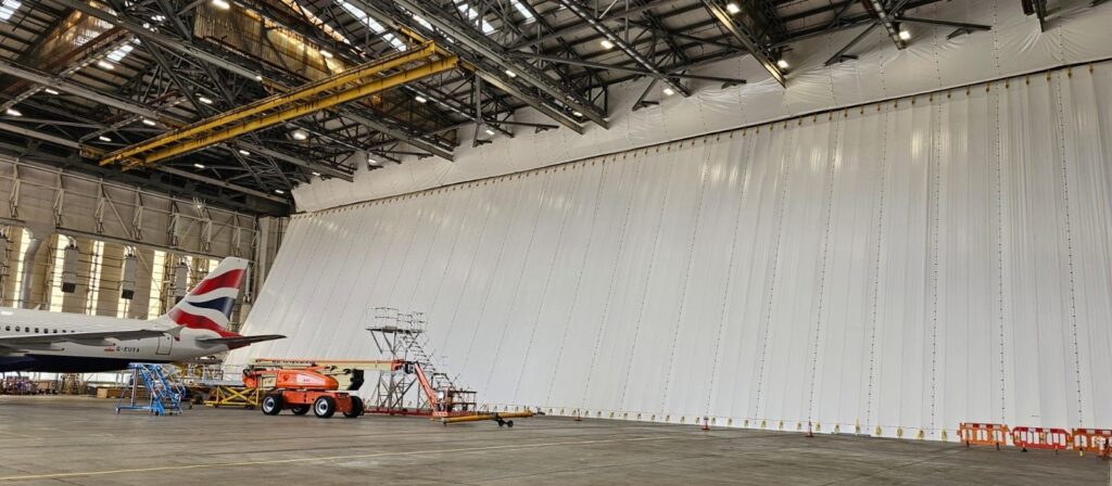 Weather protection screen during door hangar replacement at Heathrow